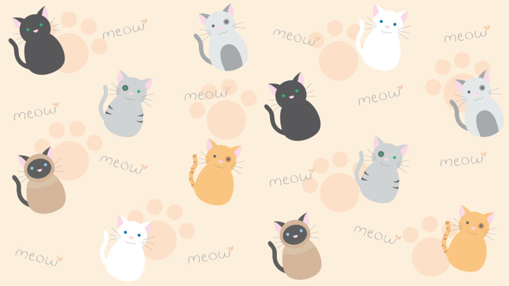 Playful cartoon cat wallpaper with colorful cats peach paw prints and cute meow typography background