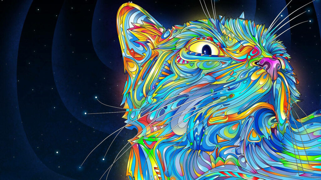 Feline Fractals: Psychedelic Cat Explores Abstract Dimensions in Wallpaper Art