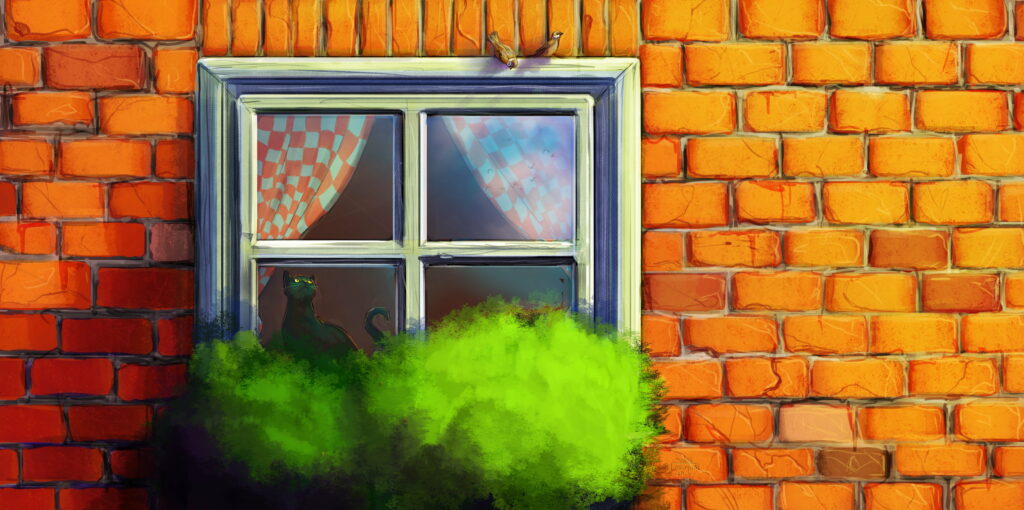 7584x3780 UHD 8K Feline Gazing through the House's Window: A Masterpiece in HD Wallpaper