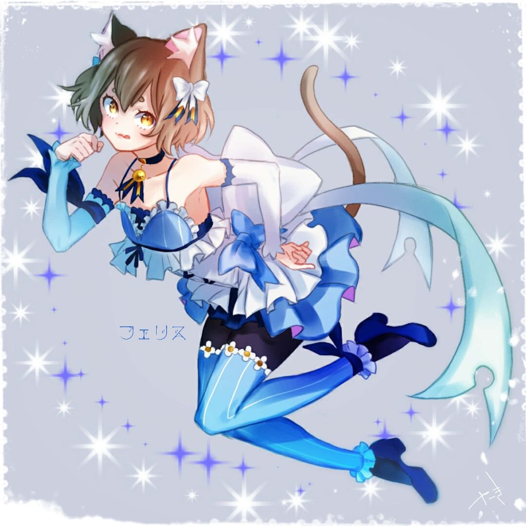 Felix Argyle anime wallpaper vibrant cat-boy in blue frilly outfit with magical sparkles