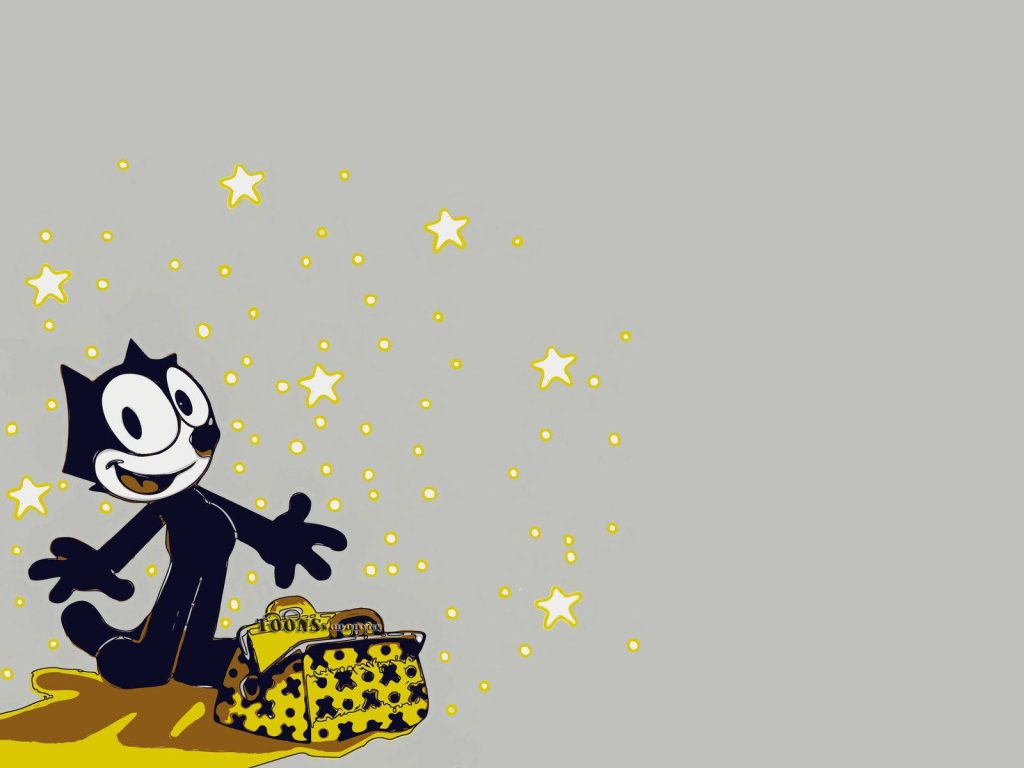 Felix the Cat with Magic Bag on minimalist grey background and sparkling yellow stars wallpaper