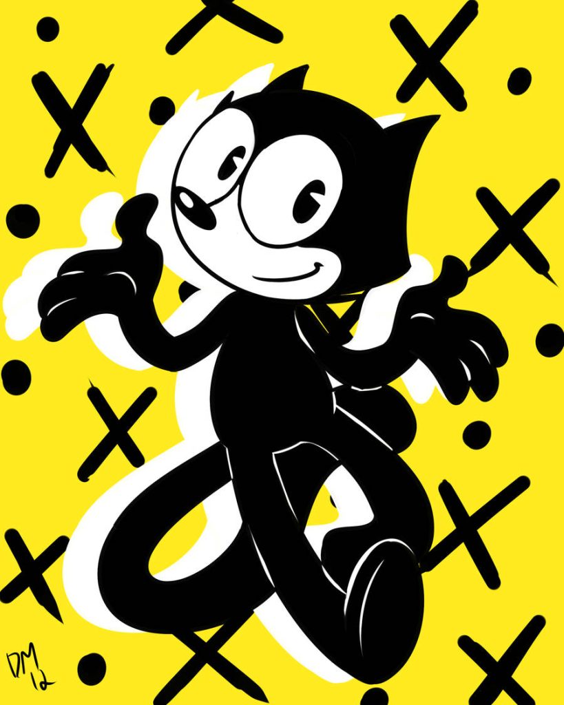 Felix the Cat retro fanart wallpaper with bold yellow background and abstract black accents