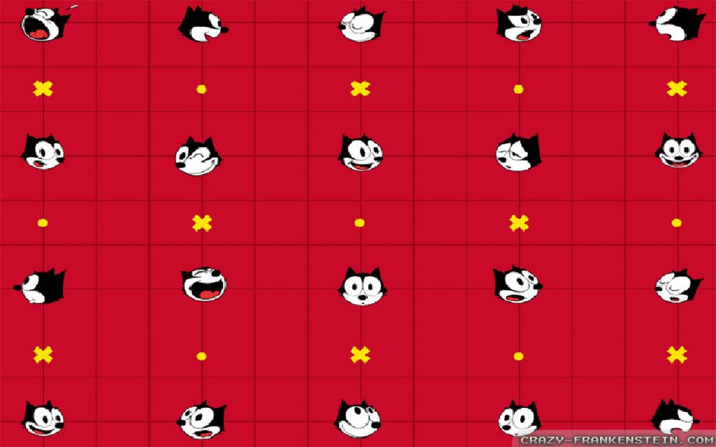 Felix the Cat wallpaper with red grid and retro black white faces yellow stars background