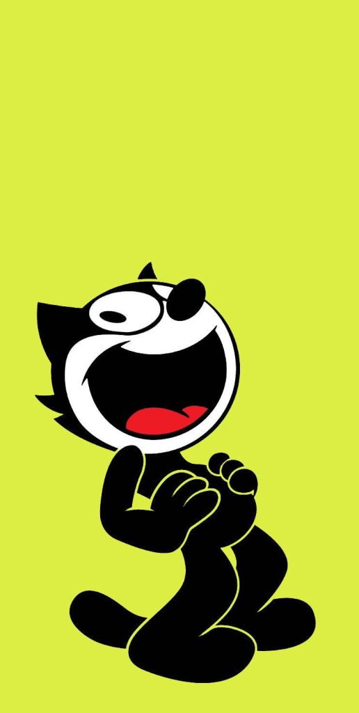 Felix the Cat laughing retro 2D cartoon wallpaper on bright lime green background for mobile