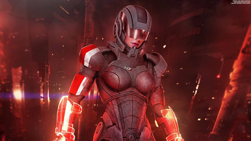 FemShep in detailed N7 armor in dark red lit industrial sci fi setting 4K wallpaper