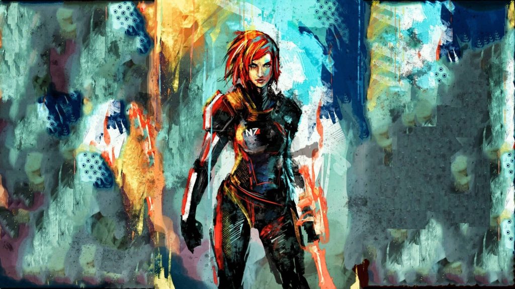 Female Commander Shepard in N7 armor vibrant abstract painterly Mass Effect wallpaper background