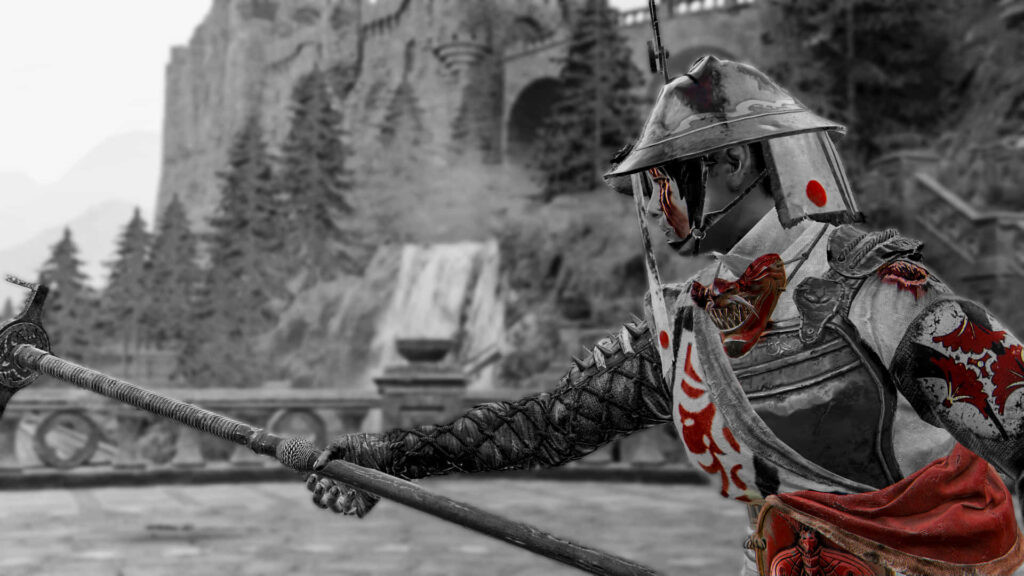 Monochromatic Mastery: The Empowered Female Samurai Brandishes Her Weapon Amidst a Pivoting Palette Wallpaper