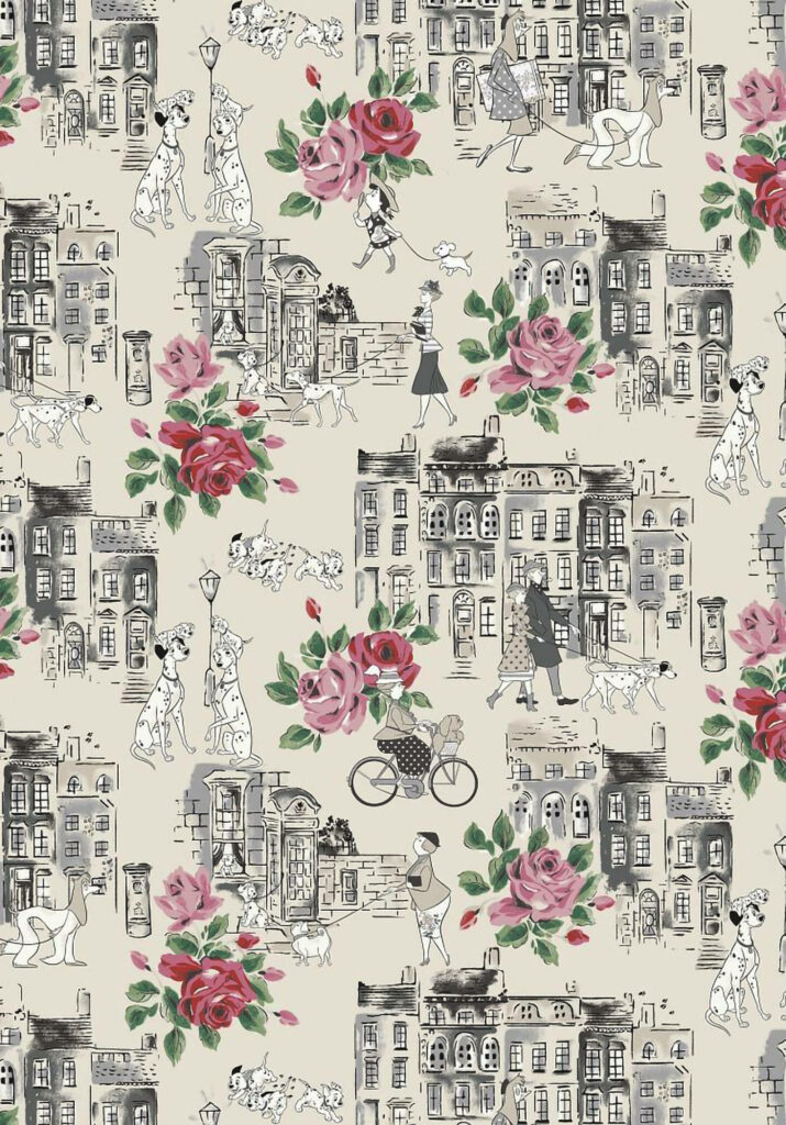 Whimsical 101 Dalmatians: A Feminine Rose-Inspired Illustration with Timeless Grayscale Characters against Creamy Watercolor Background Wallpaper