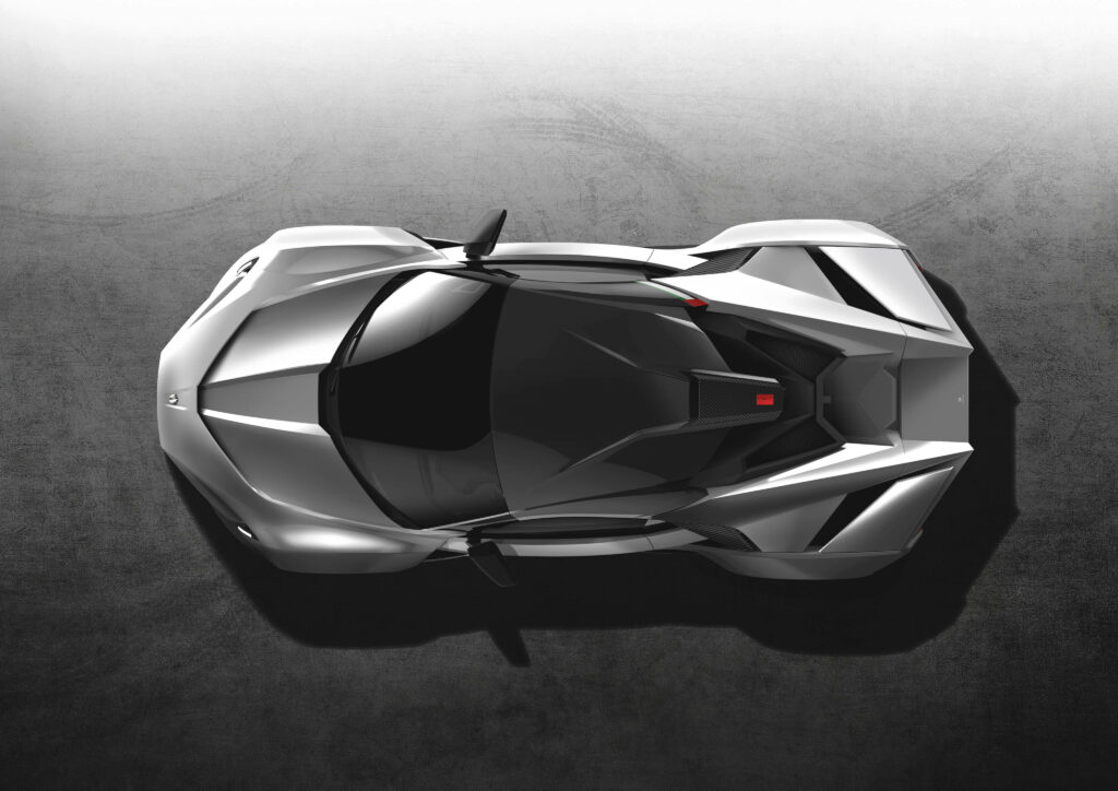Top view of Fenyr SuperSport supercar with sharp aerodynamic lines on gray gradient background Wallpaper