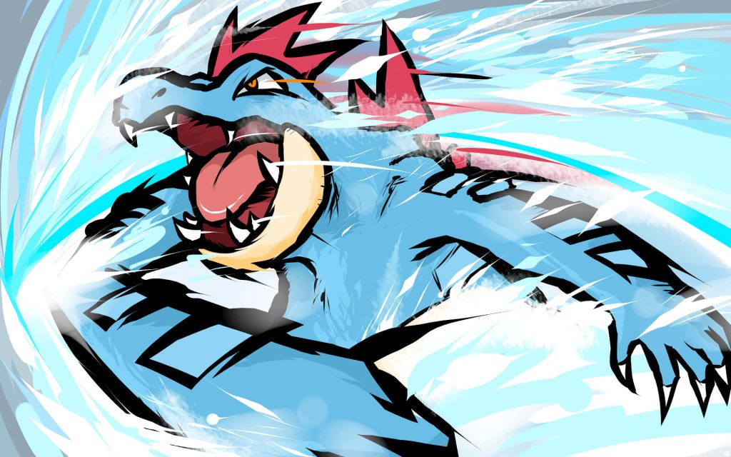 Feraligatr mid-roar with splashing water effects fierce blue Water-type Pokémon wallpaper background