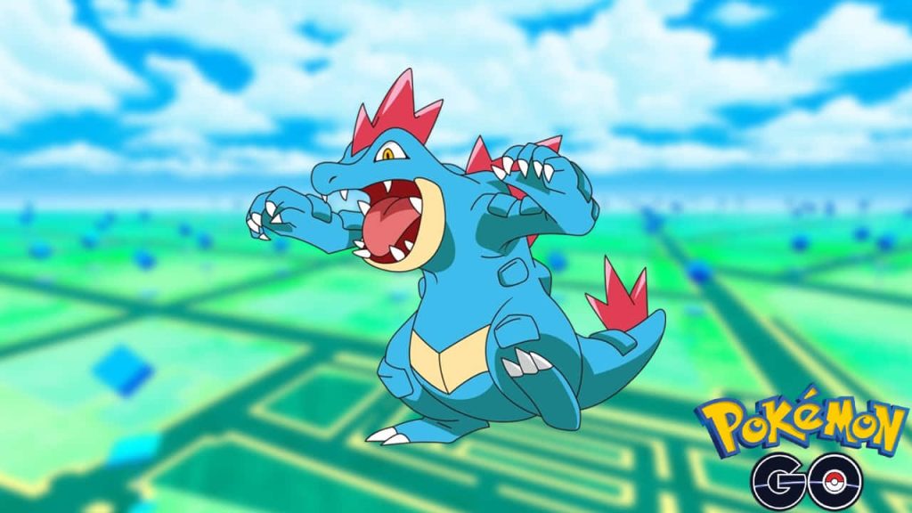 Feraligatr roaring in vibrant Pokémon GO wallpaper with green map and official logo background
