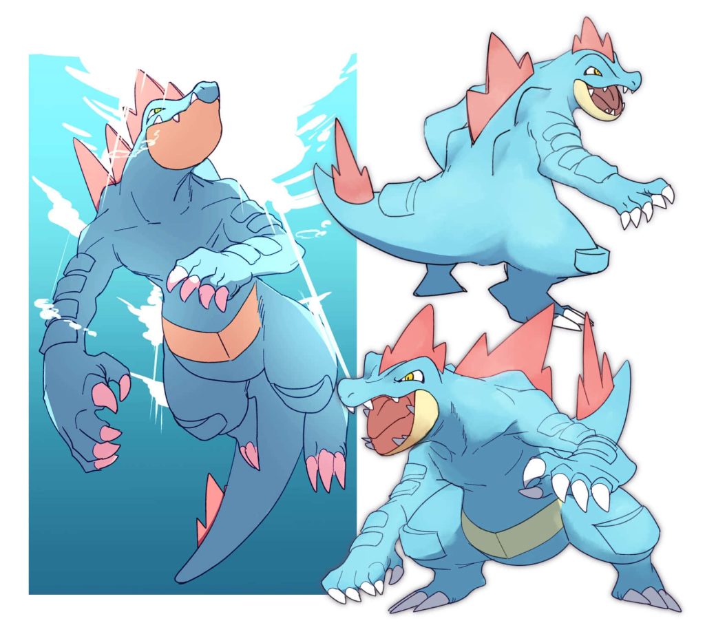 Digital illustration wallpaper of Water-type Pokémon Feraligatr in three dynamic anime poses