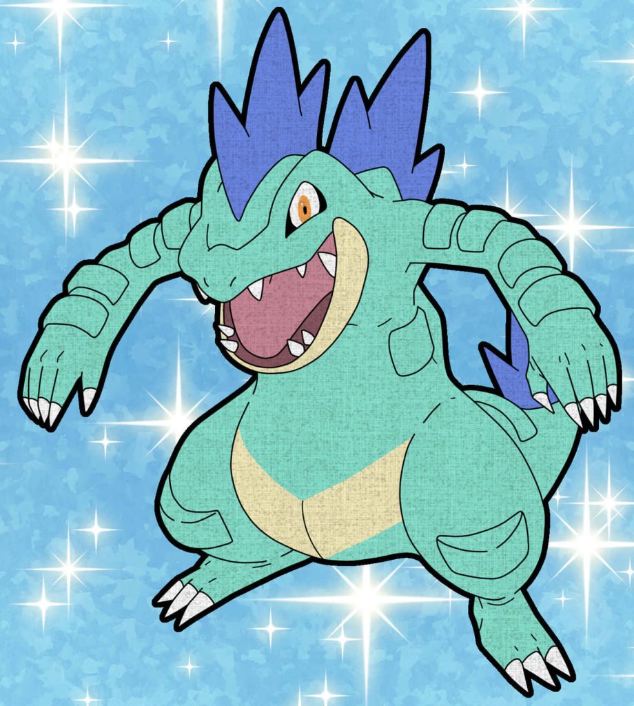 Feraligatr digital wallpaper textured canvas vibrant Water-type Pokémon sparkling blue background