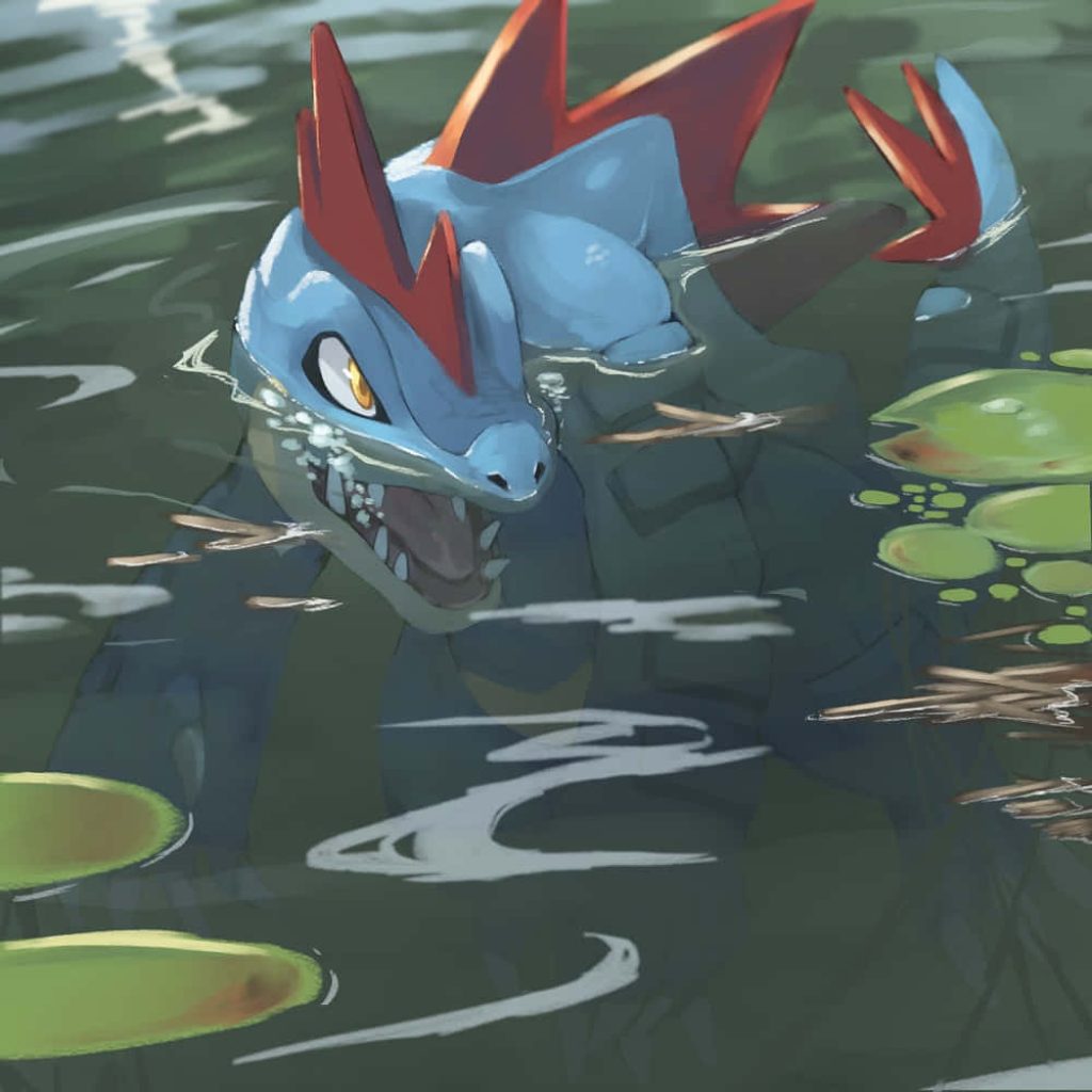 Feraligatr lurking in dark swamp waters aggressive pose anime style Water-type Pokémon wallpaper