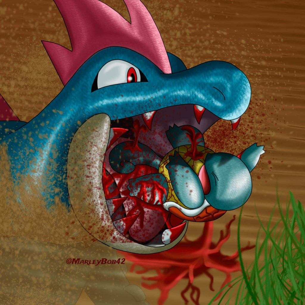 Dramatic digital art of fierce Feraligatr capturing Squirtle on textured muddy crimson background Wallpaper