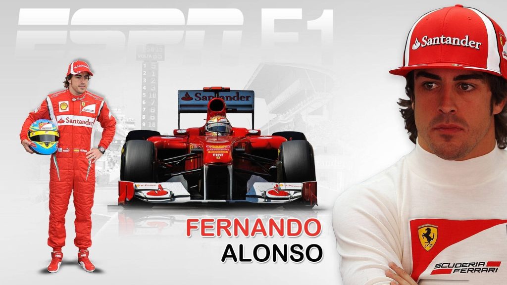 Fernando Alonso in red Ferrari suit with F1 car full-body and portrait on white background wallpaper