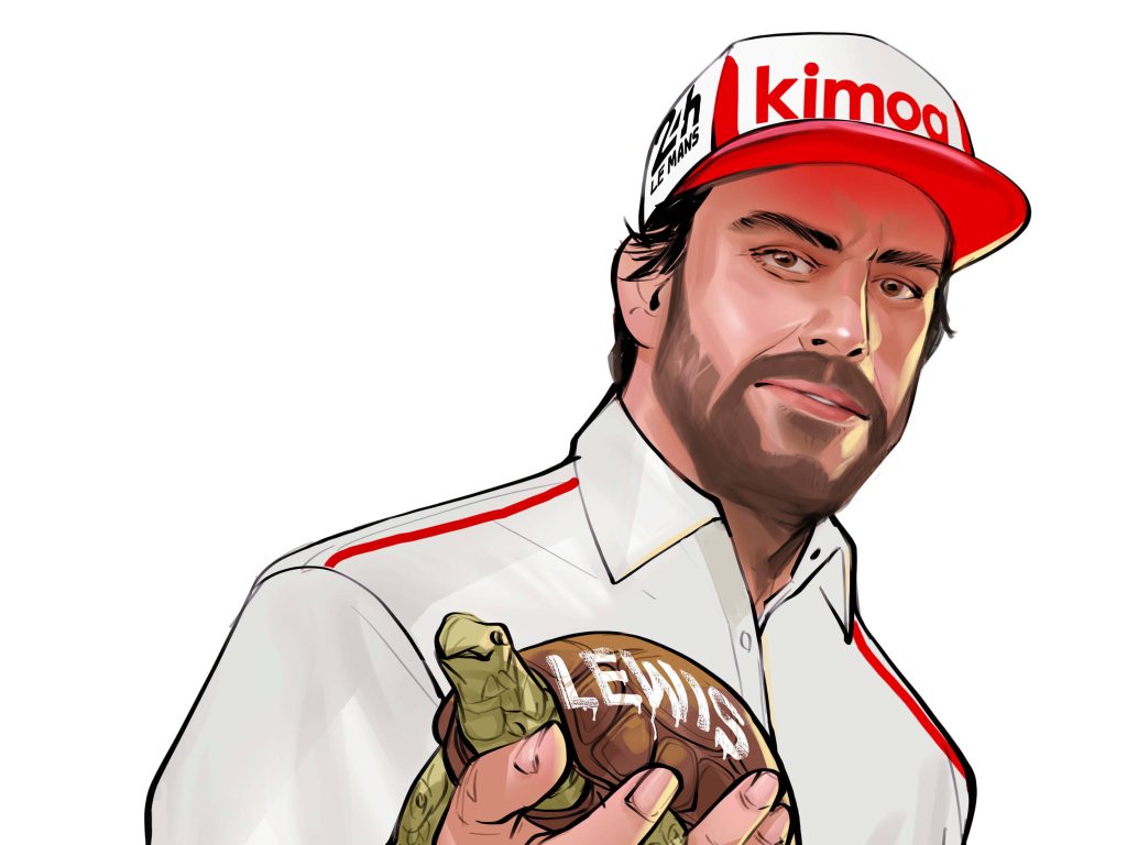 Fernando Alonso digital art holding tortoise named Lewis in Kimoa Le Mans cap wallpaper