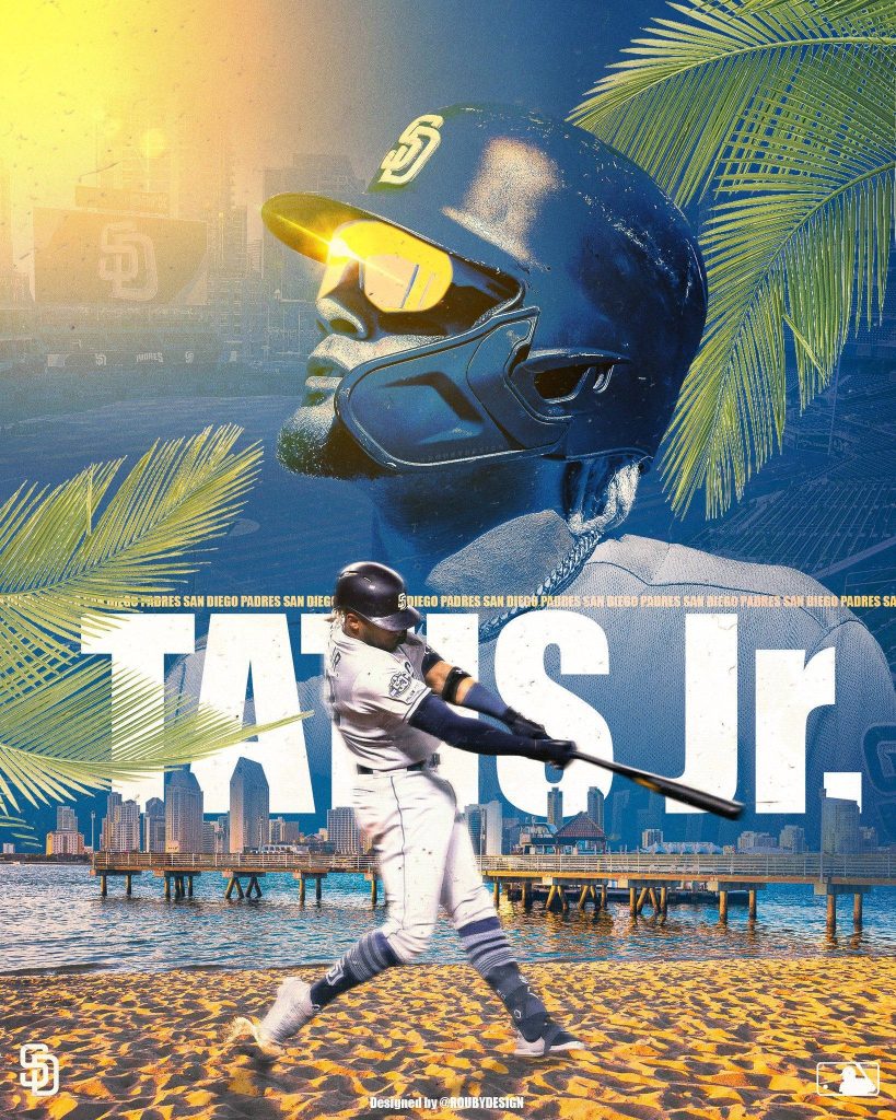 Fernando Tatís Jr. batting digital wallpaper summer beach city skyline Padres palm design