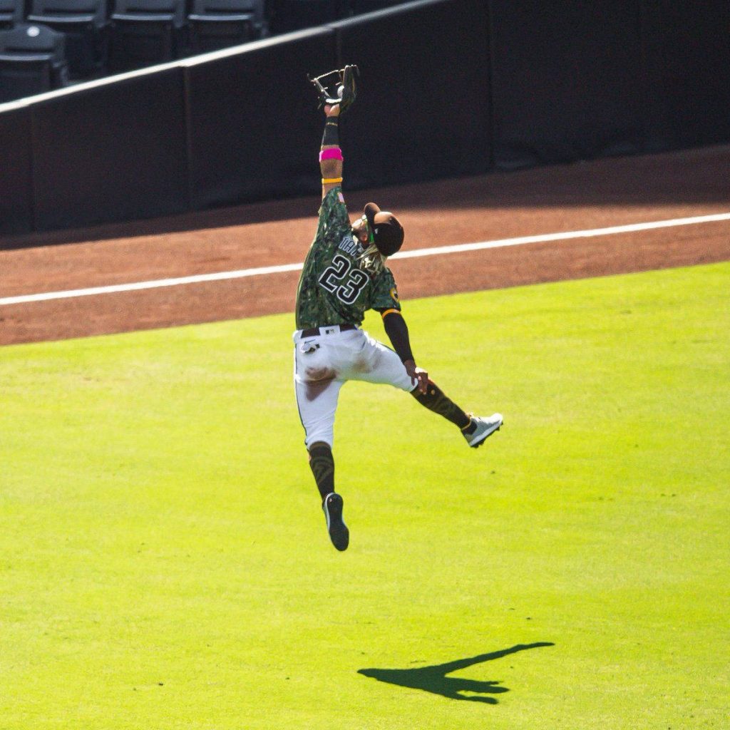 Fernando Tatís Jr Padres #23 leaping catch at outfield wall on vibrant green turf wallpaper