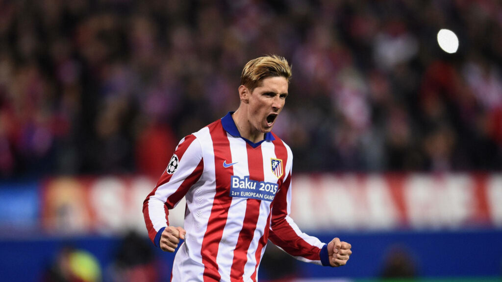 Fernando Torres celebrating passionately in Atletico Madrid kit Baku 2015 vibrant stadium wallpaper