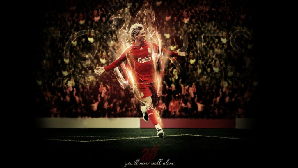 Fernando Torres celebrating in Liverpool jersey with fiery effects and packed stadium background Wallpaper