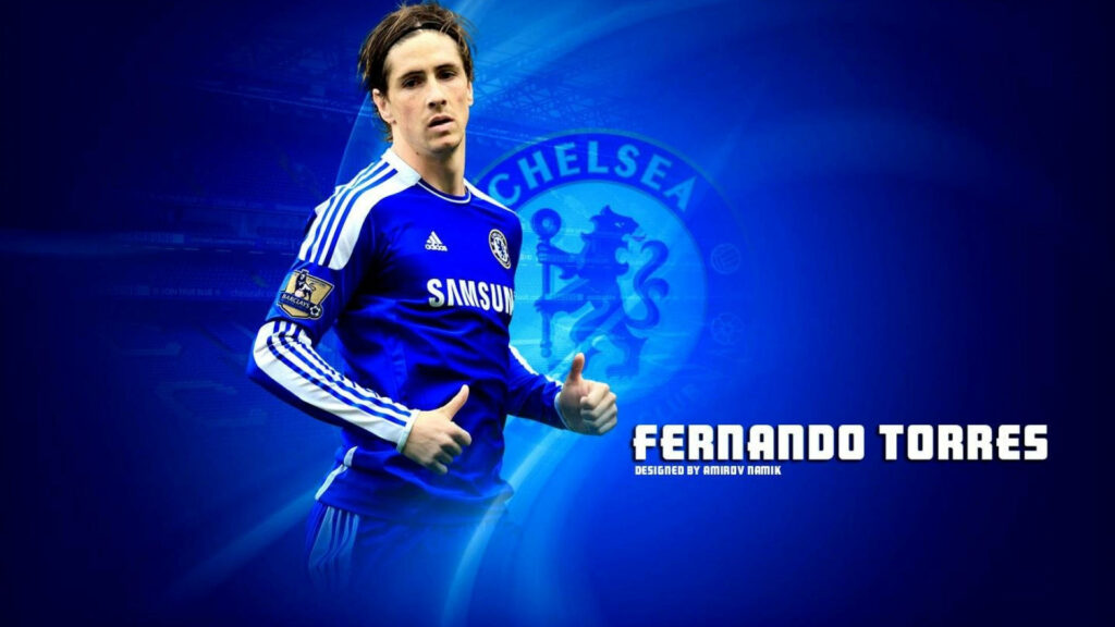 Fernando Torres in Chelsea FC blue kit with club crest vibrant blue background wallpaper