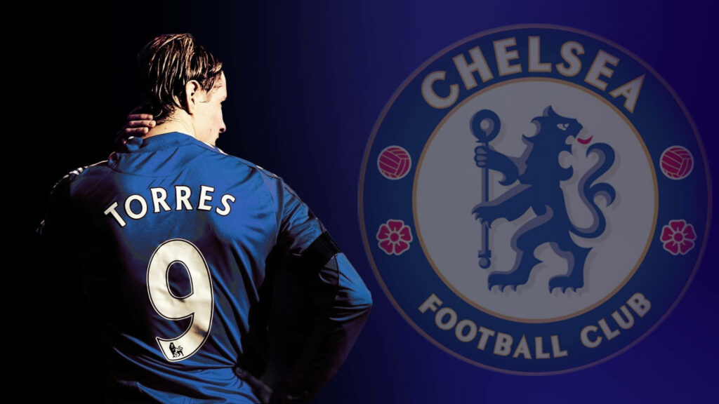 Fernando Torres in Chelsea FC blue kit number 9 with Chelsea football club crest background wallpaper