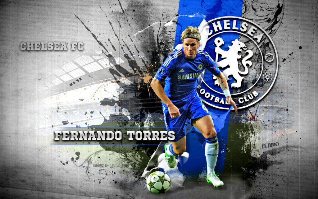 Fernando Torres in Chelsea kit action pose with club crest and stadium background wallpaper