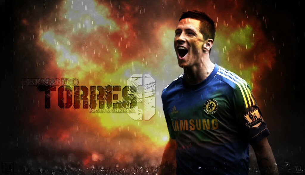 Fernando Torres in Chelsea kit with fiery rain background dramatic football wallpaper scene