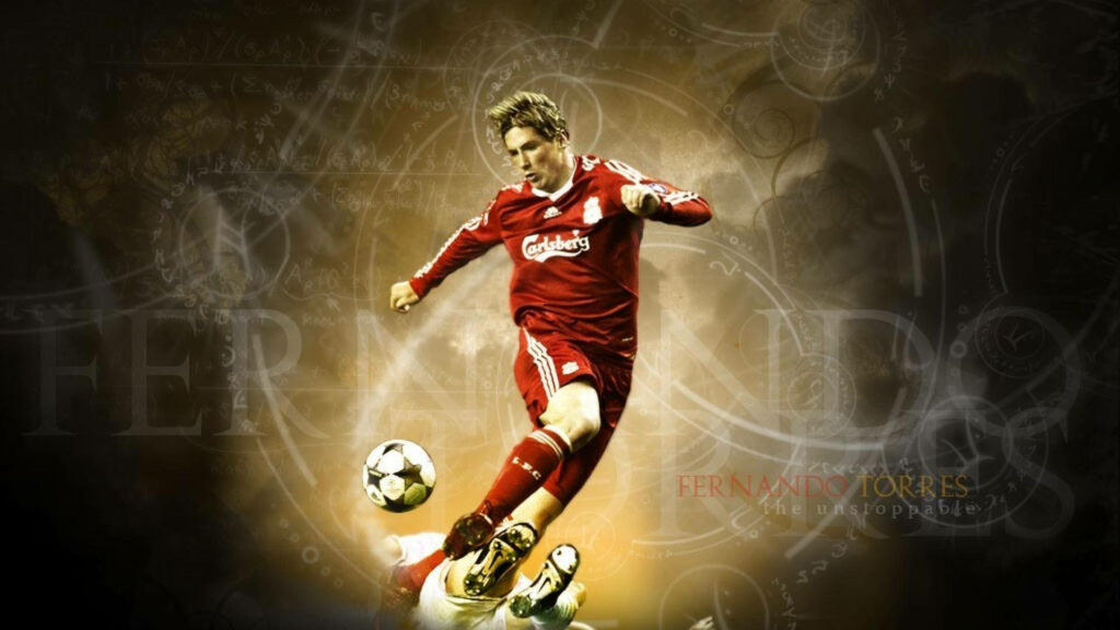 Fernando Torres striking dynamic pose in action for Liverpool football wallpaper background