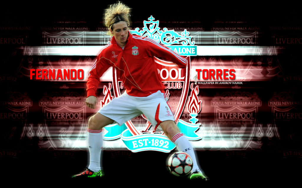 Fernando Torres Liverpool footballer in action with dynamic Liverpool crest and team graphics wallpaper