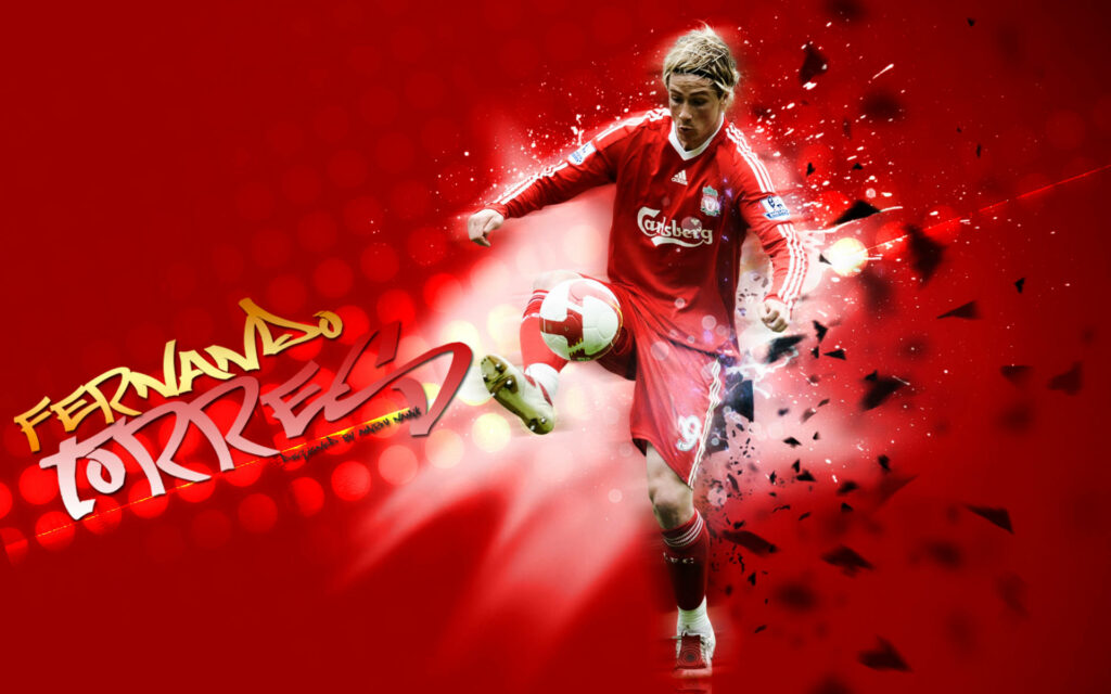 Fernando Torres in Liverpool kit striking soccer ball with dynamic red graphic effects wallpaper