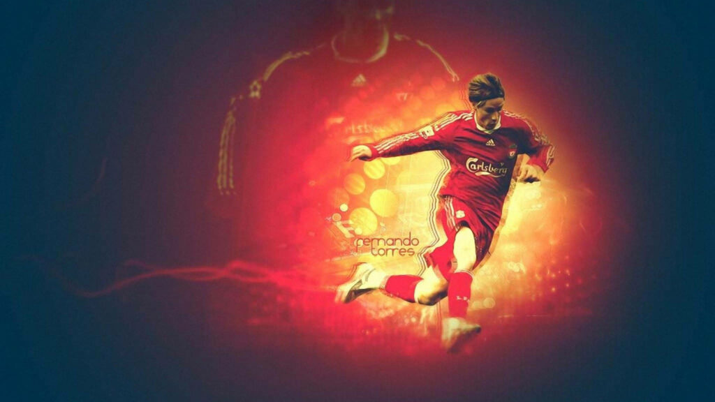 Fernando Torres Liverpool kit wallpaper with fiery effects showcasing explosive energy and passion