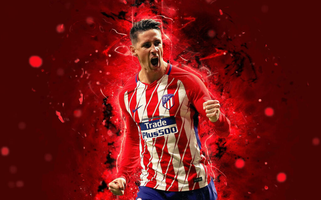 Fernando Torres celebrating in Atletico Madrid kit with dynamic red abstract background wallpaper