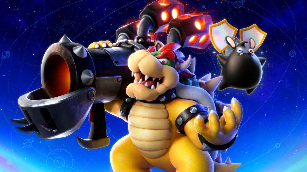 Ferocious Bowser roaring with mechanical arm cannon in vibrant cosmic gaming wallpaper background