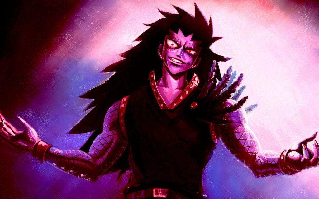 Gajeel Redfox roaring in battle vivid digital art Fairy Tail anime wallpaper purple lighting