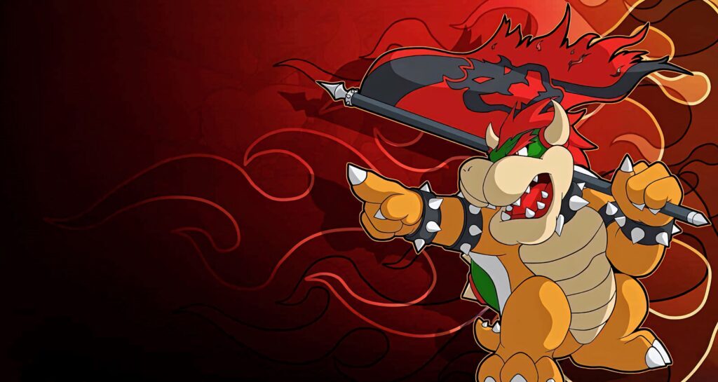 King Bowser fierce red black flames flag dynamic wallpaper Nintendo villain background