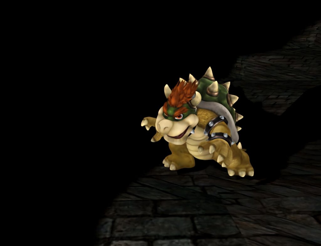 Ferocious King Bowser in dynamic pose with spiked shell against dark stone background wallpaper