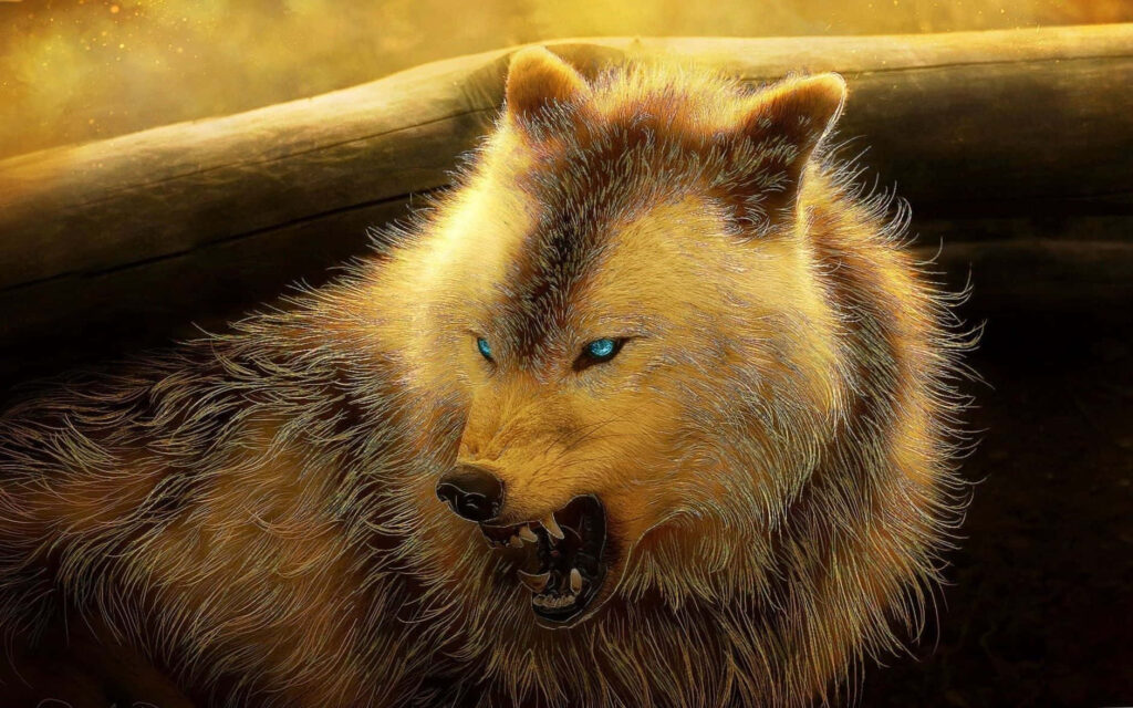 Fierce Wolf Wallpaper with Glowing Blue Eyes & Intense Background