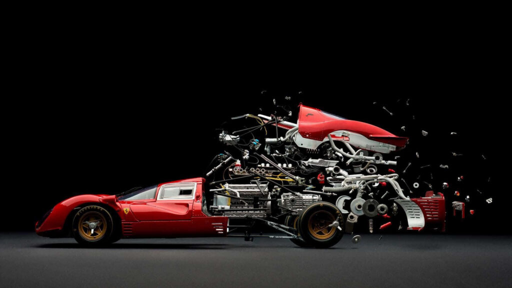 Flying Ferrari: An Artistic Deconstruction of the Iconic 330 Model on a Captivating Black Background Wallpaper