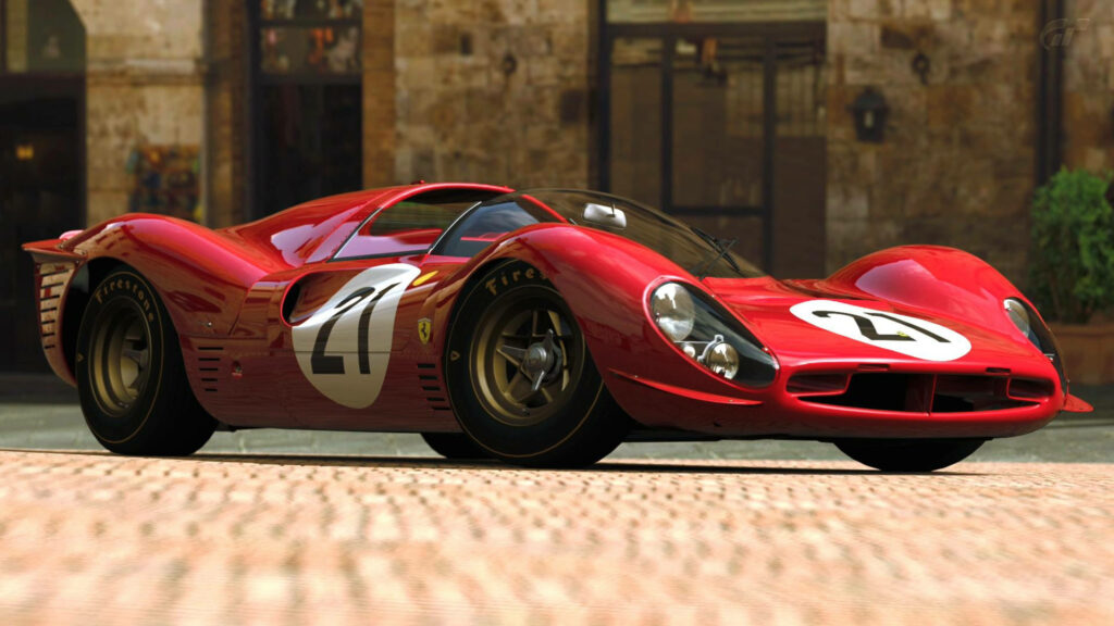 Ferrari 330 P4 vintage red sports car with sleek curves in classic urban racing background wallpaper