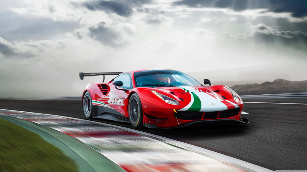 Ferrari 488 GTB red racing on winding track with bold stripes under dynamic sky wallpaper