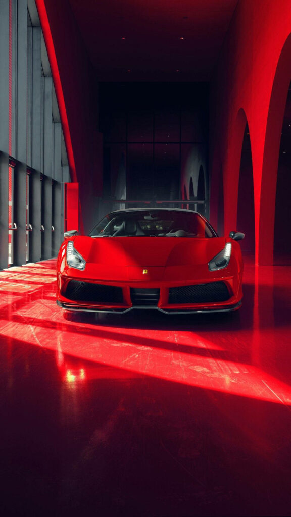 Cutting-Edge Elegance: Vibrant Red Ferrari 488 Showcased in a Sleek Futuristic Setting Wallpaper