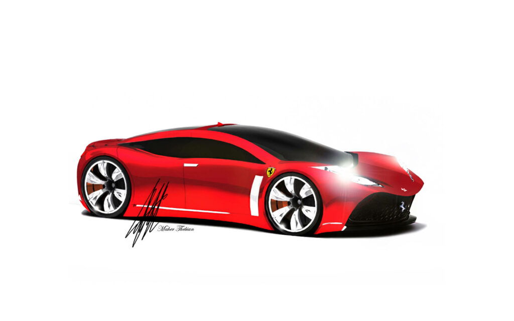 The Dazzling Display: Spectacular 3D Render of 4K Ferrari Elegance Red Car, Enhanced with Luminous Headlights, Stands Against a Captivating Background Wallpaper