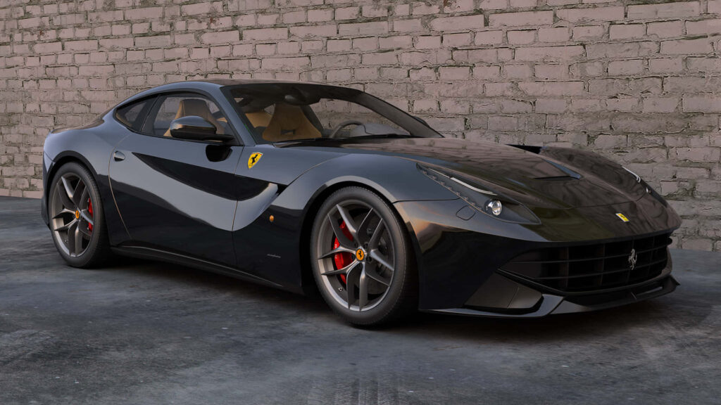 Black Ferrari F12 Berlinetta Against a Brick Wall Background Wallpaper