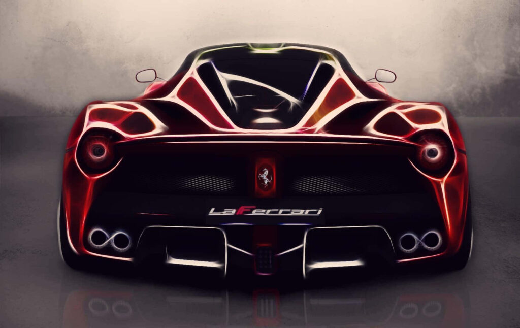 Digital artwork of Ferrari LaFerrari rear design with vibrant lighting and luxurious appeal wallpaper