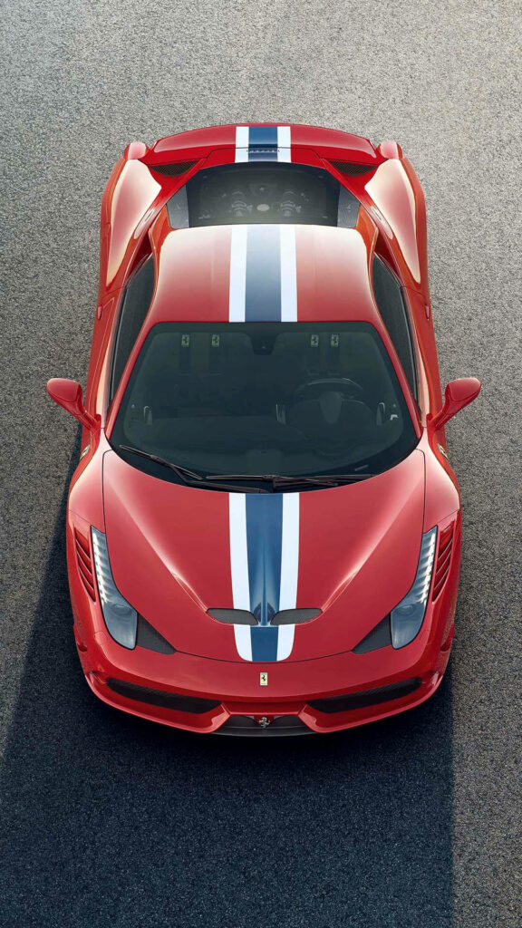 Ferrari 458 Speciale: A Vibrant Top-Down Snapshot of the Striking Sports Car with Bold Stripes Wallpaper