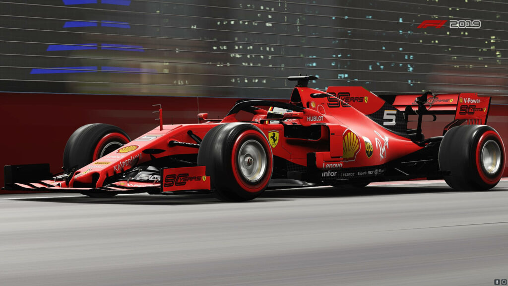 Roaring on the Tracks: Immersive F1 2019 Background Showcasing Ferrari's Ultimate Power Wallpaper