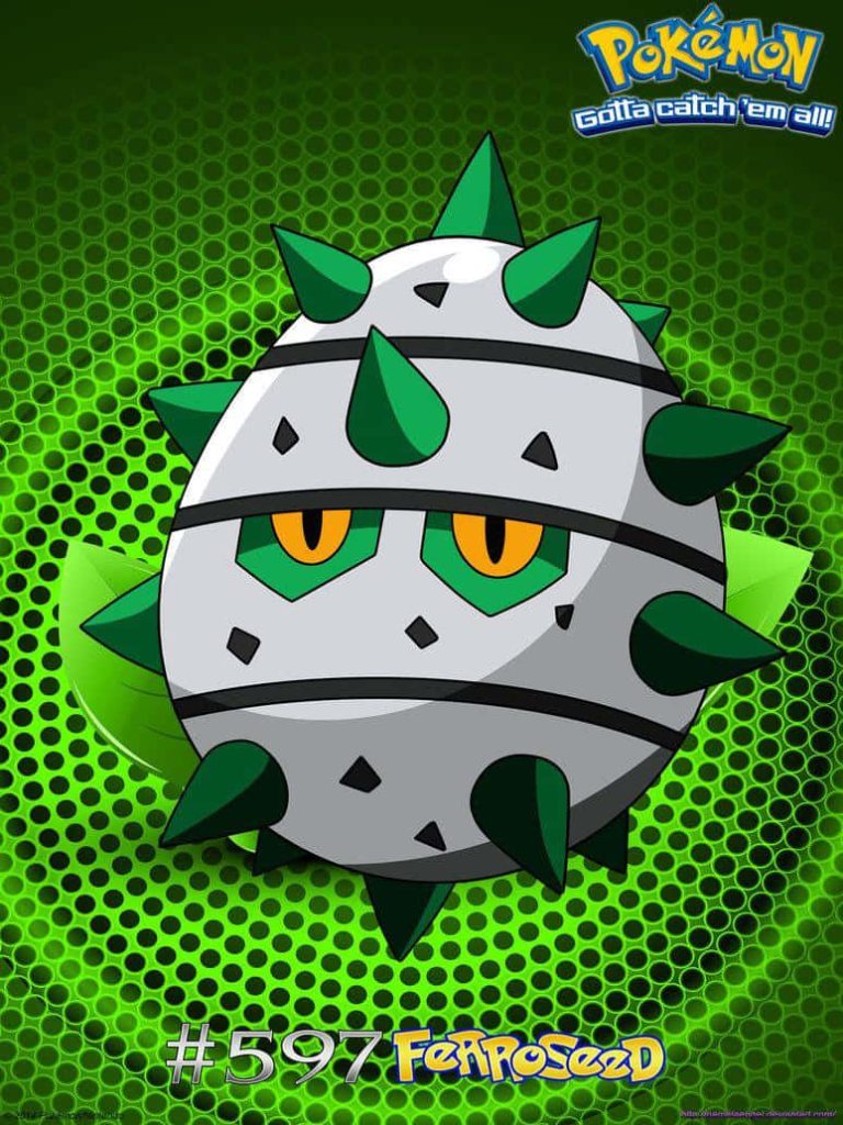 Ferroseed Pokémon digital wallpaper showing metallic grey body and green spikes on green background