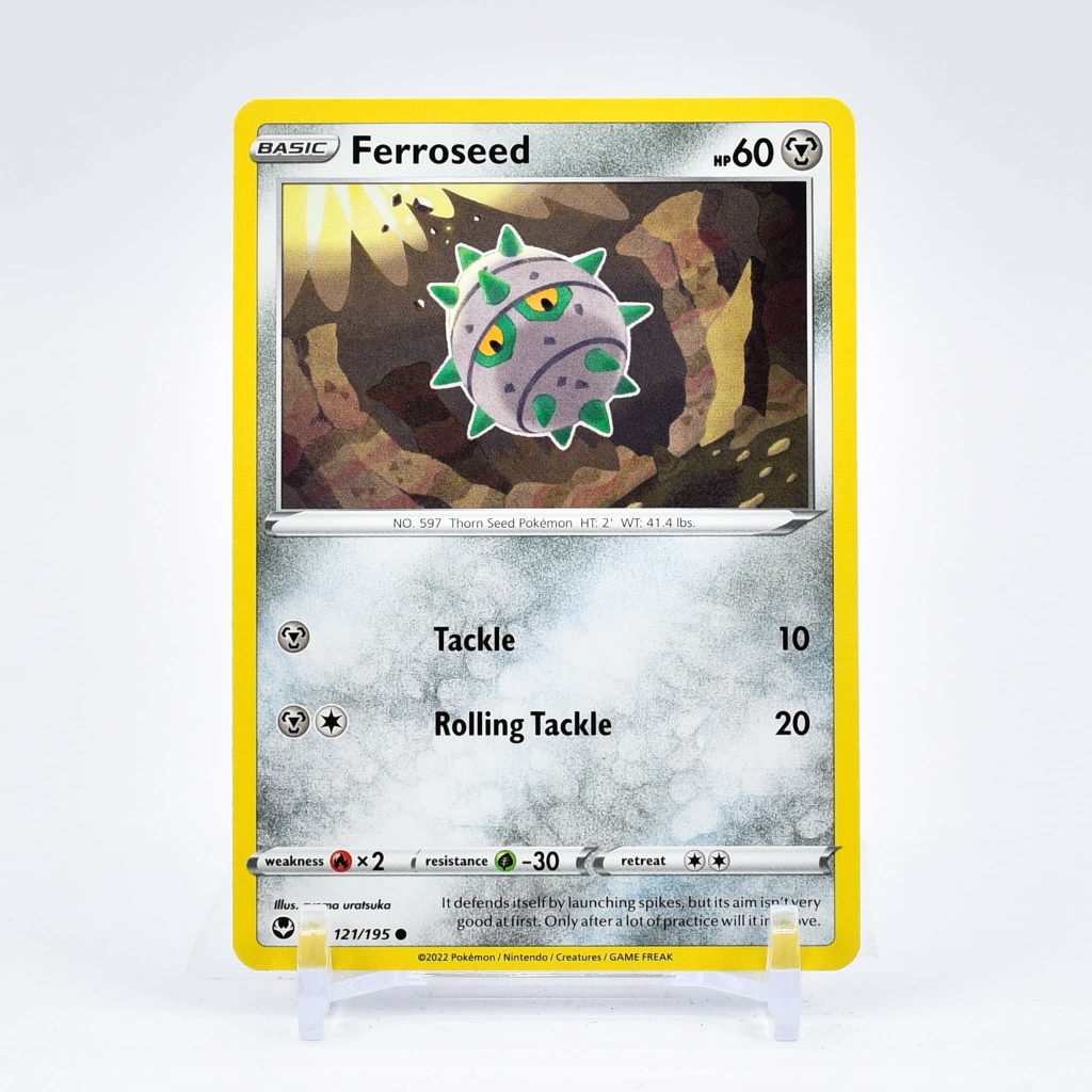 2022 Ferroseed Pokémon card with 60 HP Metal type attacks Tackle Rolling Tackle detailed cavern background Wallpaper